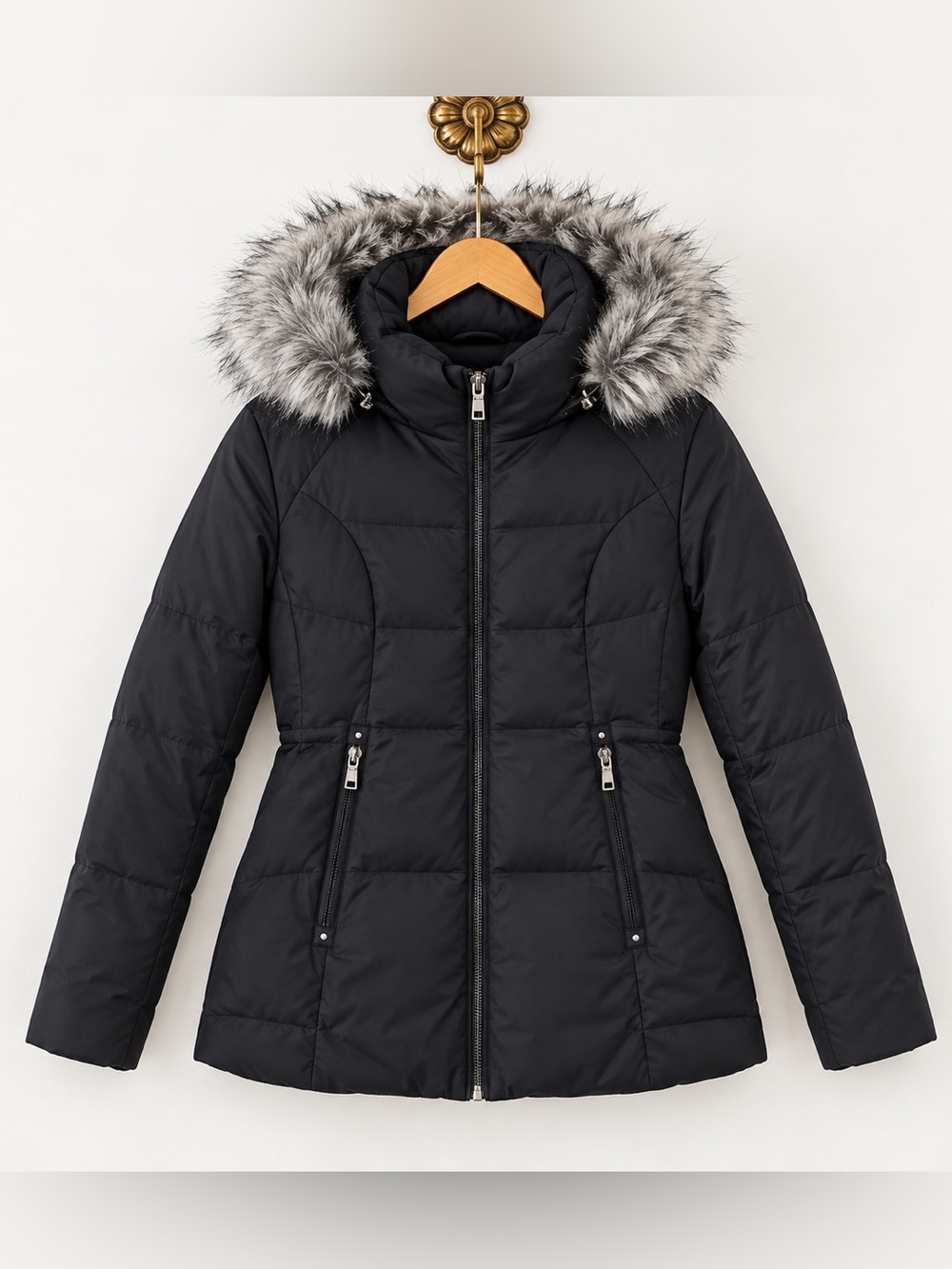 1 Madison Luxe Outerwear Black Down Puffer Coat Faux Fur Hood Size